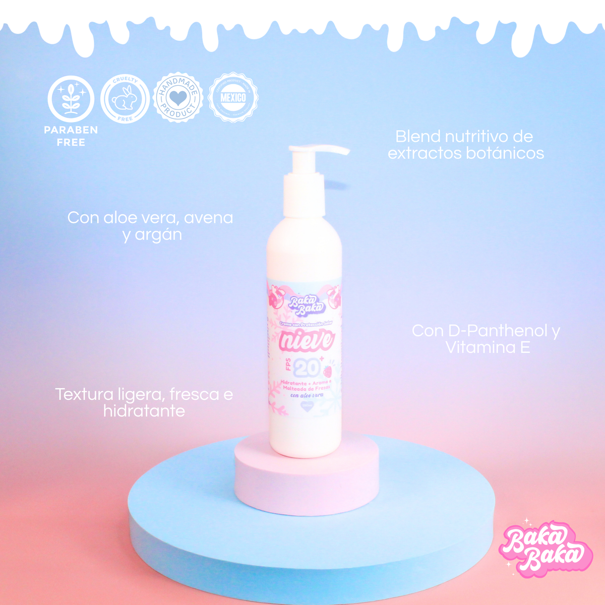 Nieve FPS 20+ | Crema Corporal con Protección Solar Aroma Malteada de Fresa